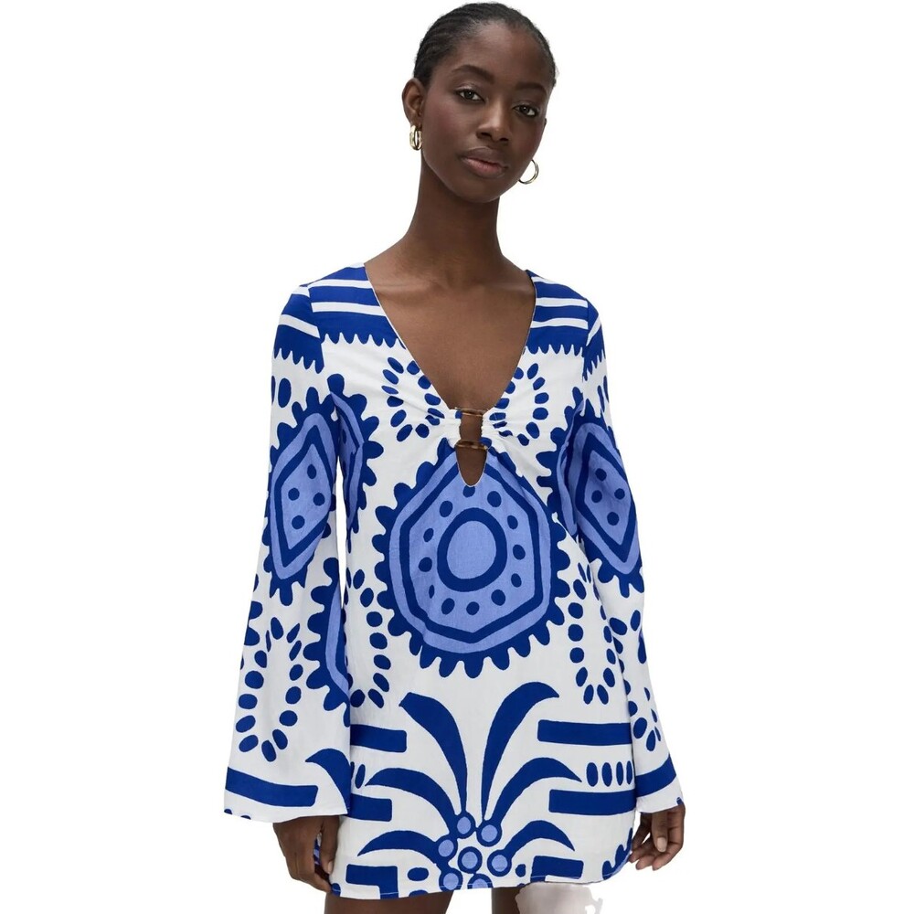 Seven Wonders Calli Mini Dress in Blue Pattern Size XL Bell Sleeves V Neck